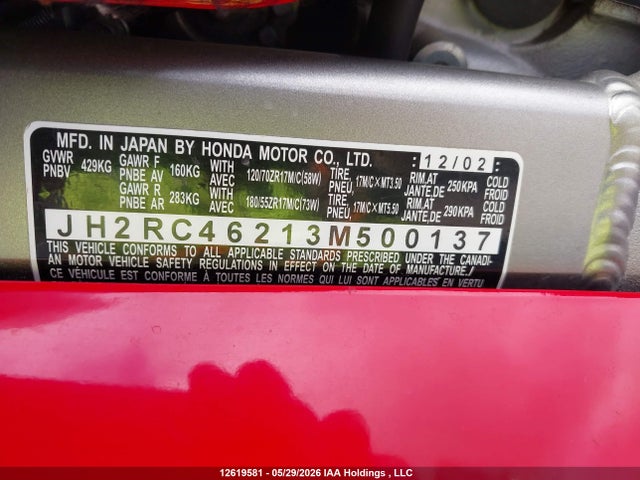Aukcja sprzedaży 2003 Honda Vfr800 Fi, vin: JH2RC46213M500137, numer aukcji: 12619581