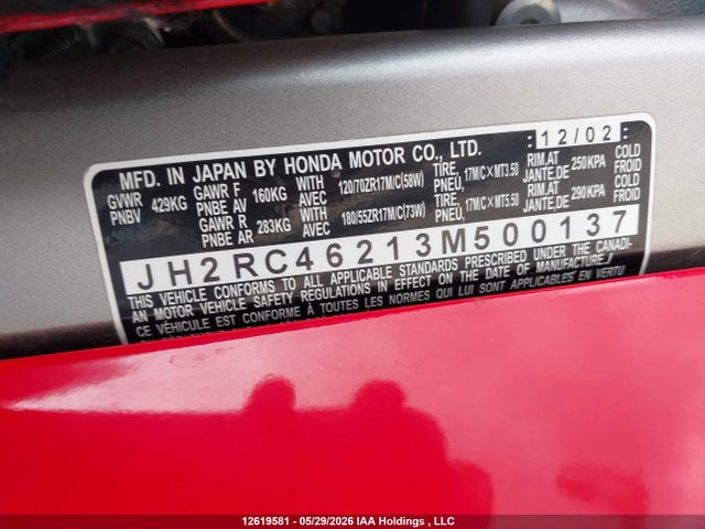 Aukcja sprzedaży 2003 Honda Vfr800 Fi, vin: JH2RC46213M500137, numer aukcji: 12619581