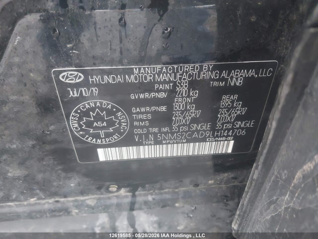 12619585 :رقم المزاد ، 5NMS2CAD9LH144706 vin ، 2020 Hyundai Santa Fe Essential Awd With Smartsense Package مزاد بيع