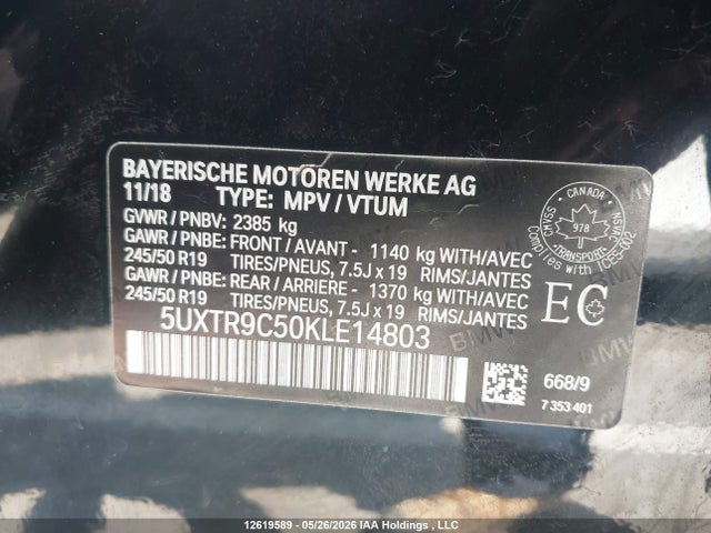 BMW X3 Xdrive30i 2019 5UXTR9C50KLE14803 Image 9