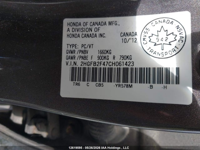 12619595 :رقم المزاد ، 2HGFB2F47CH061423 vin ، 2012 Honda Civic Lx مزاد بيع
