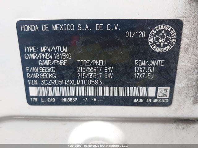 Продаж на аукціоні авто 2020 Honda Hr-v Lx, vin: 3CZRU5H3XLM100593, номер лоту: 12619599