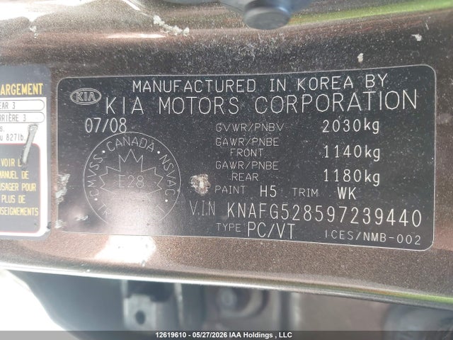 2009 Kia Rondo Lx/ex მანქანა იყიდება აუქციონზე, vin: KNAFG528597239440, აუქციონის ნომერი: 12619610