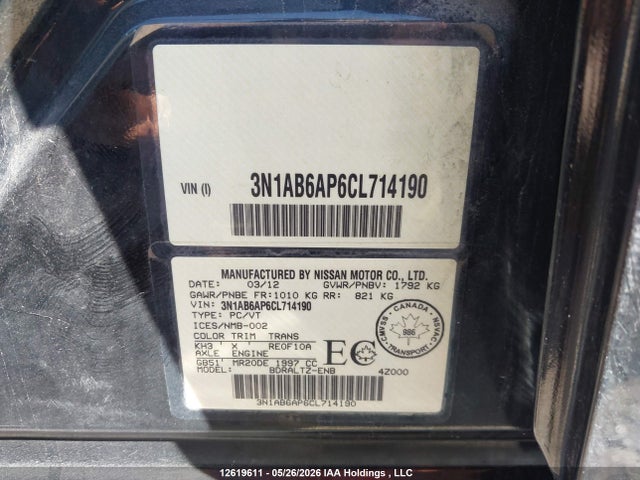 Aukcja sprzedaży 2012 Nissan Sentra 2.0/2.0s/sr/2.0sl, vin: 3N1AB6AP6CL714190, numer aukcji: 12619611
