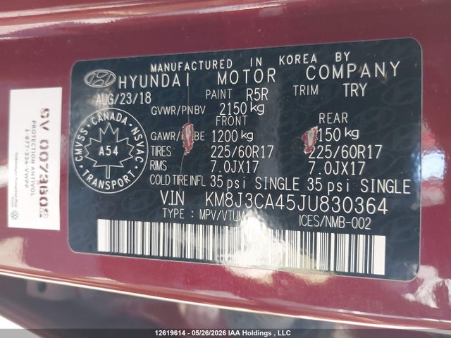 12619614 :رقم المزاد ، KM8J3CA45JU830364 vin ، 2018 Hyundai Tucson Limited/sport And Eco/se مزاد بيع