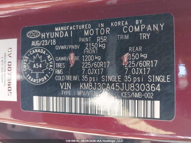 12619614 :رقم المزاد ، KM8J3CA45JU830364 vin ، 2018 Hyundai Tucson Limited/sport And Eco/se مزاد بيع