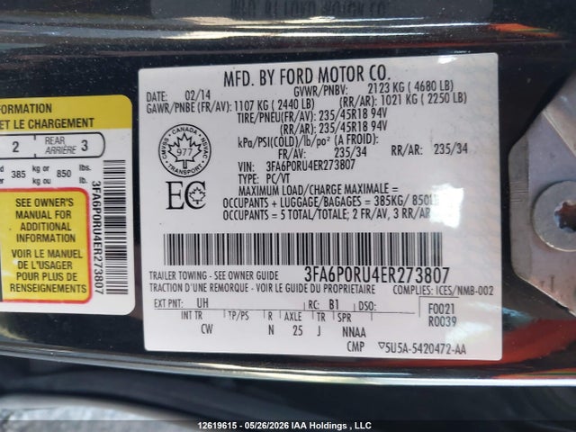 3FA6P0RU4ER273807 Ford Fusion Hybrid Titanium