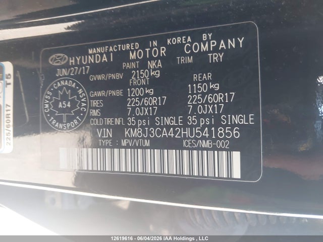 12619616 :رقم المزاد ، KM8J3CA42HU541856 vin ، 2017 Hyundai Tucson Luxury مزاد بيع