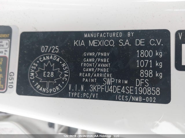 3KPFU4DE4SE190858 KIA K4 Ex/ex+