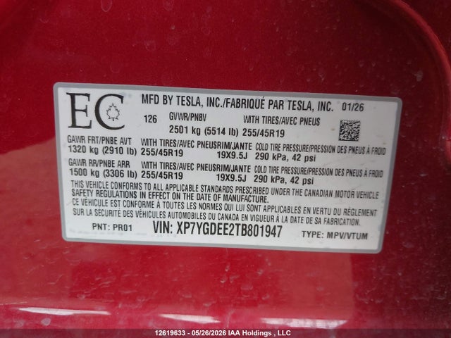 2026 Tesla Model Y მანქანა იყიდება აუქციონზე, vin: XP7YGDEE2TB801947, აუქციონის ნომერი: 12619633
