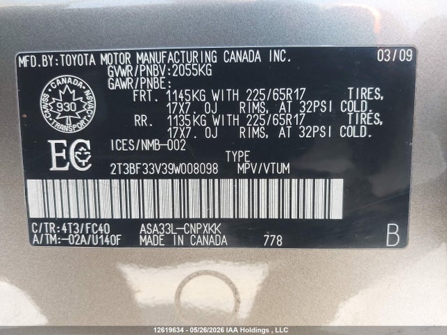 Auction sale of the 2009 Toyota Rav4, vin: 2T3BF33V39W008098, lot number: 12619634