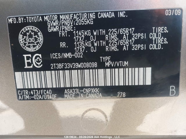 Auction sale of the 2009 Toyota Rav4, vin: 2T3BF33V39W008098, lot number: 12619634