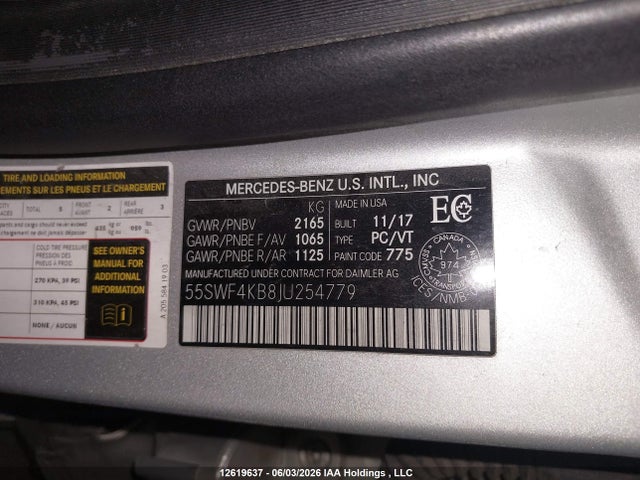 Продажа на аукционе авто 2018 Mercedes-benz C 300 4matic, vin: 55SWF4KB8JU254779, номер лота: 12619637