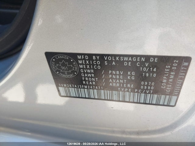 12619639 :رقم المزاد ، 3VW2K7AJ3FM247471 vin ، 2015 Volkswagen Jetta 2.0l Trendline/2.0l Trendline+ مزاد بيع