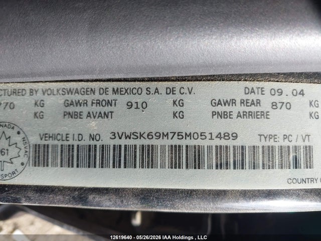 Aukcja sprzedaży 2005 Volkswagen Jetta Gls 2.0l, vin: 3VWSK69M75M051489, numer aukcji: 12619640