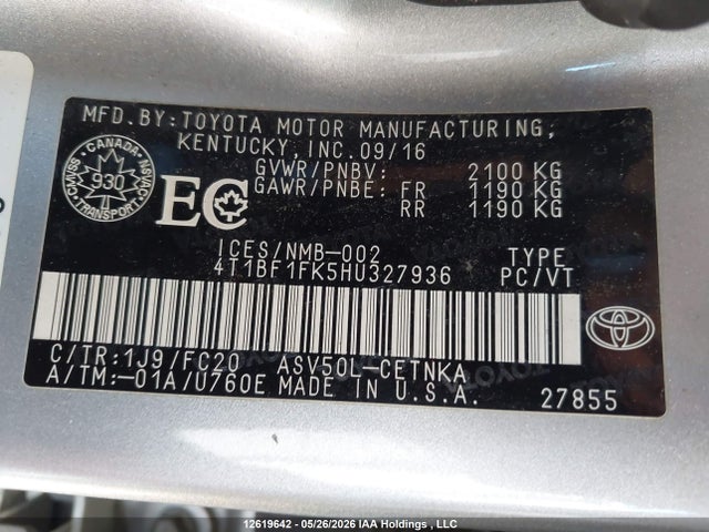 Aukcja sprzedaży 2017 Toyota Camry Le/xle/se/xse, vin: 4T1BF1FK5HU327936, numer aukcji: 12619642
