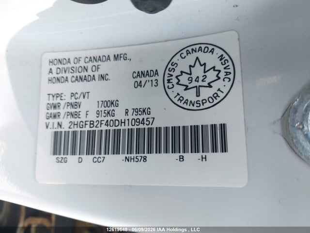 Aukcja sprzedaży 2013 Honda Civic Lx, vin: 2HGFB2F40DH109457, numer aukcji: 12619648