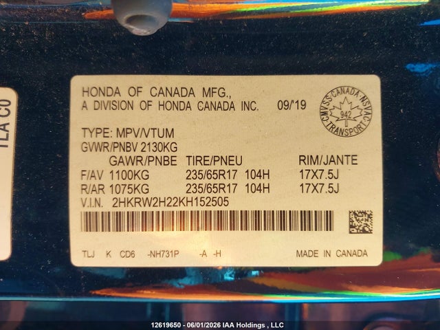 Honda CR-V LX 2019 2HKRW2H22KH152505 Image 19