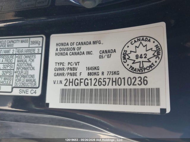 2007 Honda Civic Lx მანქანა იყიდება აუქციონზე, vin: 2HGFG12657H010236, აუქციონის ნომერი: 12619653