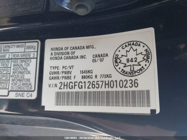 2007 Honda Civic Lx მანქანა იყიდება აუქციონზე, vin: 2HGFG12657H010236, აუქციონის ნომერი: 12619653