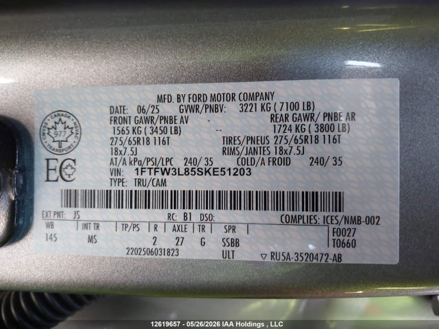 2025 Ford F150 Xlt მანქანა იყიდება აუქციონზე, vin: 1FTFW3L85SKE51203, აუქციონის ნომერი: 12619657