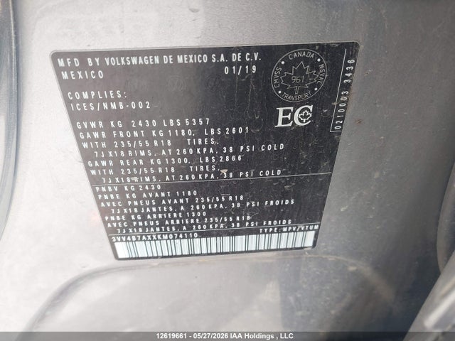 Продаж на аукціоні авто 2019 Volkswagen Tiguan Sel Premium/sel Premium R-line, vin: 3VV4B7AXXKM074110, номер лоту: 12619661