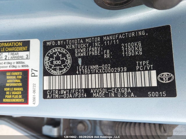 2012 Toyota Camry Hybrid Xle მანქანა იყიდება აუქციონზე, vin: 4T1BD1FKXCU002939, აუქციონის ნომერი: 12619662
