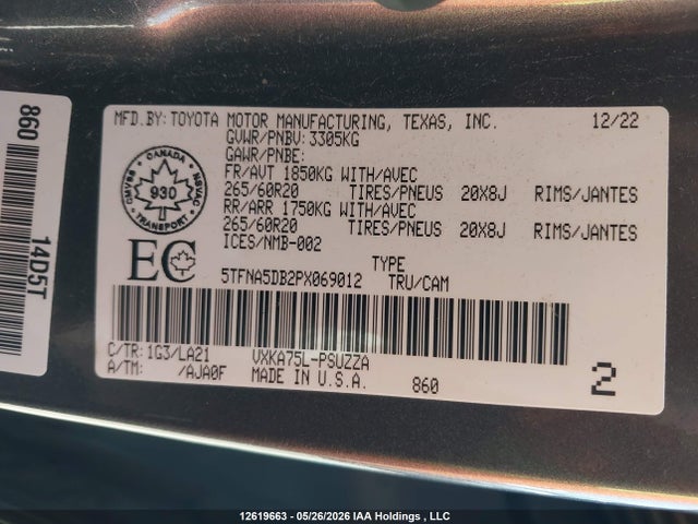 12619663 :رقم المزاد ، 5TFNA5DB2PX069012 vin ، 2023 Toyota Tundra Platinum مزاد بيع