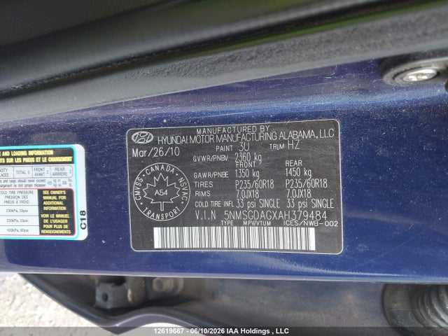 2010 Hyundai Santa Fe მანქანა იყიდება აუქციონზე, vin: 5NMSGDAGXAH379484, აუქციონის ნომერი: 12619667