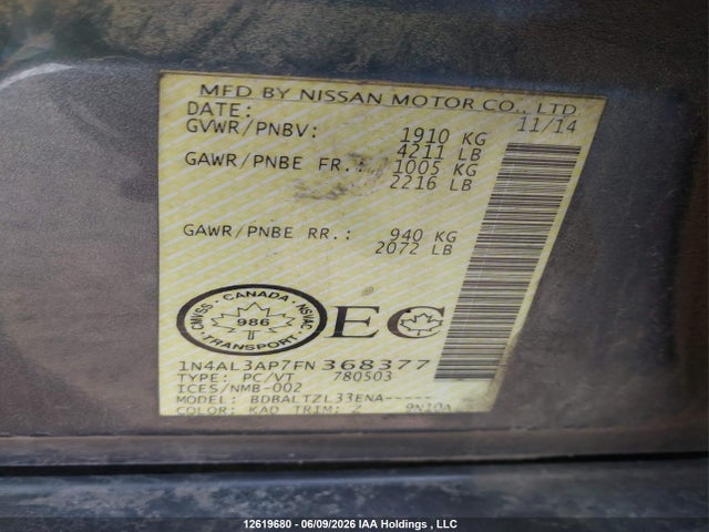 2015 Nissan Altima მანქანა იყიდება აუქციონზე, vin: 1N4AL3AP7FN368377, აუქციონის ნომერი: 12619680