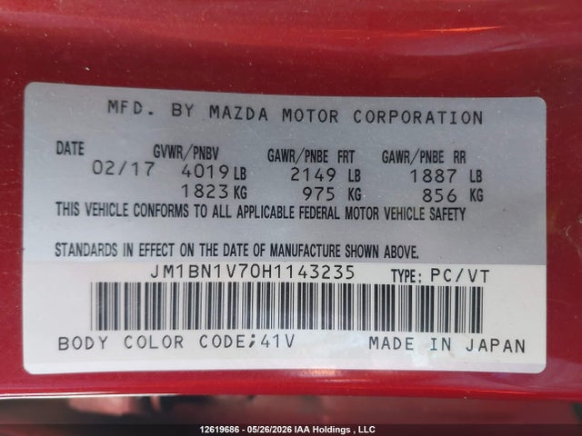 12619686 :رقم المزاد ، JM1BN1V70H1143235 vin ، 2017 Mazda 3 Touring مزاد بيع