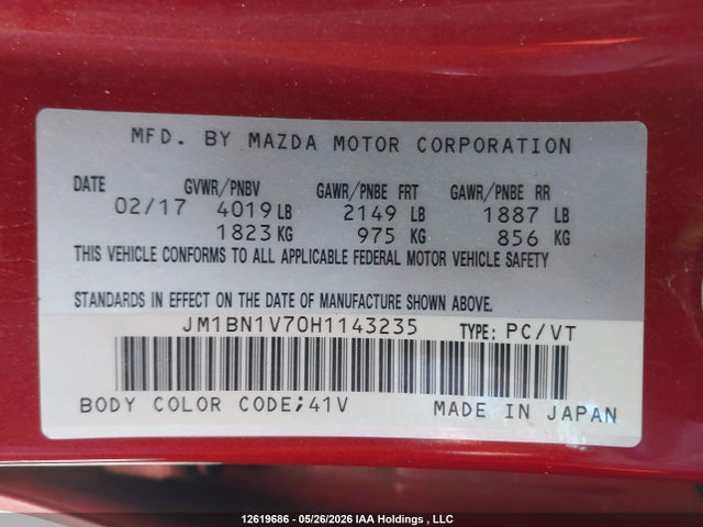 12619686 :رقم المزاد ، JM1BN1V70H1143235 vin ، 2017 Mazda 3 Touring مزاد بيع