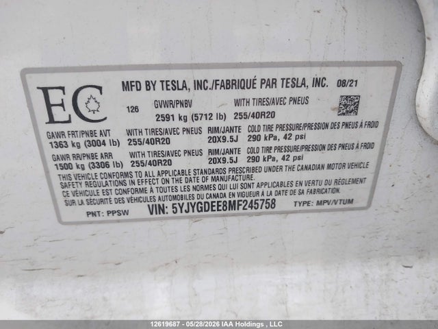 Aukcja sprzedaży 2021 Tesla Model Y Long Range, vin: 5YJYGDEE8MF245758, numer aukcji: 12619687