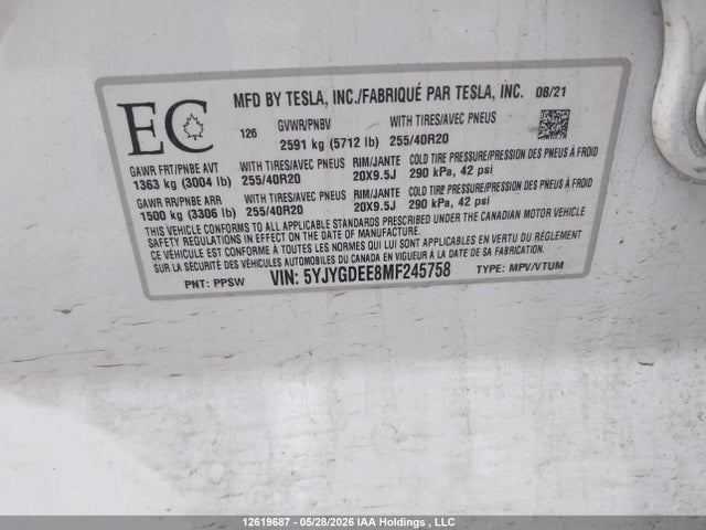 Aukcja sprzedaży 2021 Tesla Model Y Long Range, vin: 5YJYGDEE8MF245758, numer aukcji: 12619687