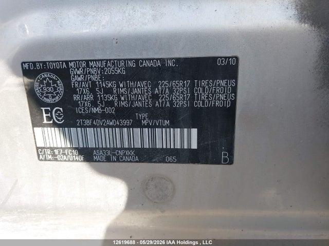 Aukcja sprzedaży 2010 Toyota Rav4, vin: 2T3BF4DV2AW043997, numer aukcji: 12619688