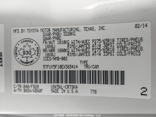 Продажа на аукционе авто 2014 Toyota Tundra Double Cab Sr/double Cab Sr5, vin: 5TFUY5F10EX365414, номер лота: 12619690