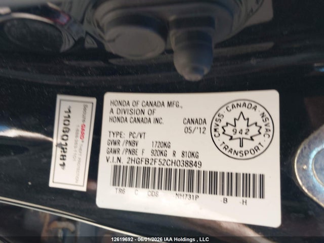 2012 Honda Civic Ex მანქანა იყიდება აუქციონზე, vin: 2HGFB2F52CH038849, აუქციონის ნომერი: 12619692