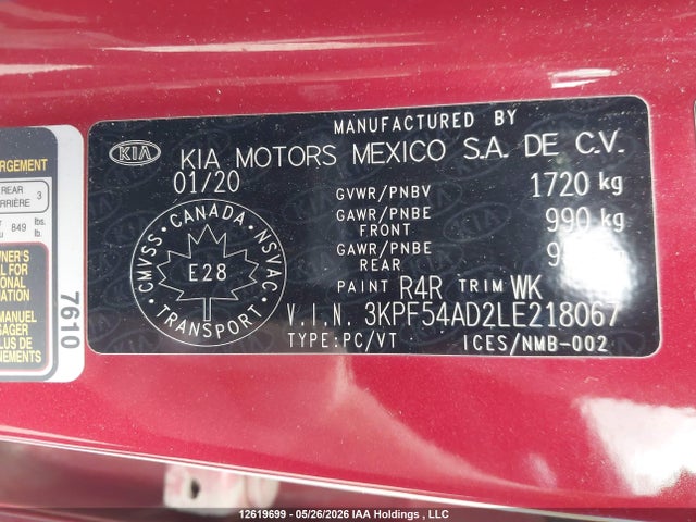 12619699 :رقم المزاد ، 3KPF54AD2LE218067 vin ، 2020 Kia Forte مزاد بيع