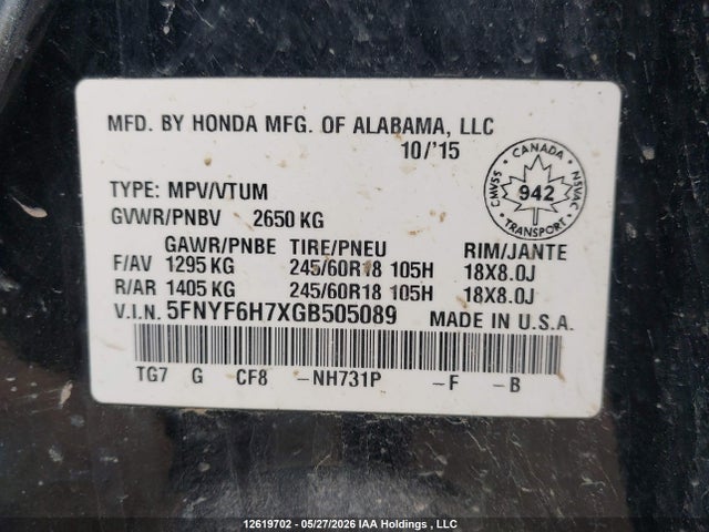 5FNYF6H7XGB505089 Honda Pilot Ex-l Navi