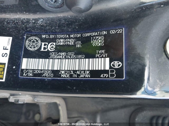 Продаж на аукціоні авто 2022 Toyota Corolla Hybrid, vin: JTDBAMDE1NJ051852, номер лоту: 12619706