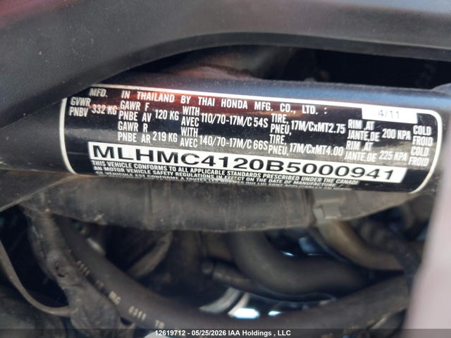 12619712 :رقم المزاد ، MLHMC4120B5000941 vin ، 2011 Honda Cbr250 Ra مزاد بيع