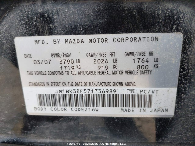 Aukcja sprzedaży 2007 Mazda Mazda3 Gs/gx, vin: JM1BK32F571736989, numer aukcji: 12619716