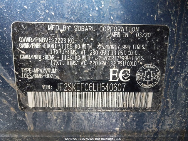 Продаж на аукціоні авто 2020 Subaru Forester Convenience, vin: JF2SKEFC6LH540607, номер лоту: 12619720