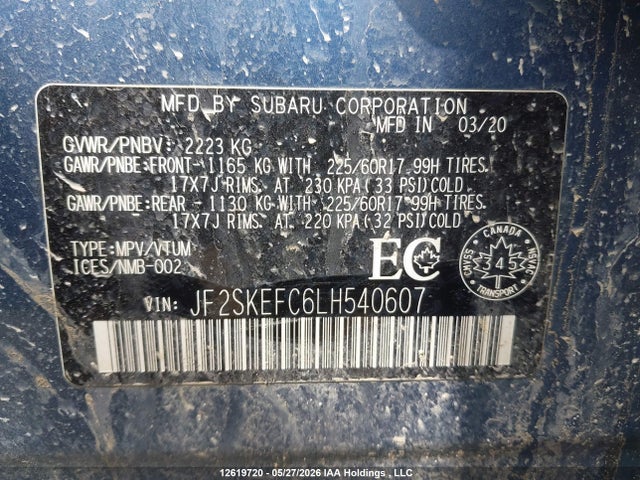 Продаж на аукціоні авто 2020 Subaru Forester Convenience, vin: JF2SKEFC6LH540607, номер лоту: 12619720