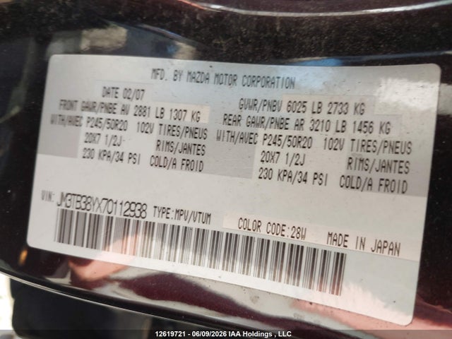 Продаж на аукціоні авто 2007 Mazda Cx-9 Gs/gt, vin: JM3TB38YX70112938, номер лоту: 12619721