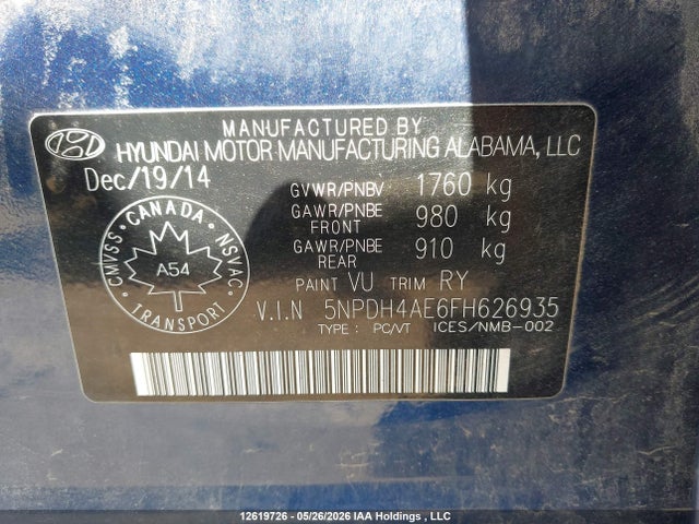 5NPDH4AE6FH626935 Hyundai ELANTRA GL