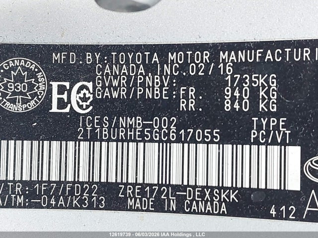 12619739 :رقم المزاد ، 2T1BURHE5GC617055 vin ، 2016 Toyota Corolla مزاد بيع