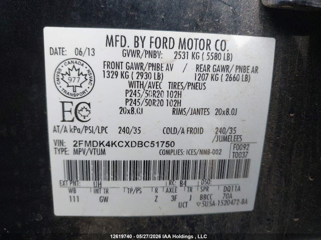 Продажа на аукционе авто 2013 Ford Edge Limited, vin: 2FMDK4KCXDBC51750, номер лота: 12619740