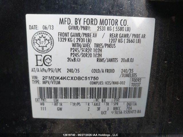 Продажа на аукционе авто 2013 Ford Edge Limited, vin: 2FMDK4KCXDBC51750, номер лота: 12619740