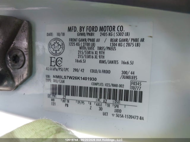 Продажа на аукционе авто 2019 Ford Transit Connect Xlt, vin: NM0LS7W26K1401930, номер лота: 12619744